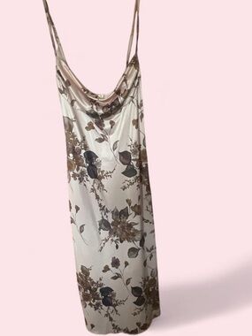 Cowl Neck Maxi Slip Dress in Cream with Brown Floral
